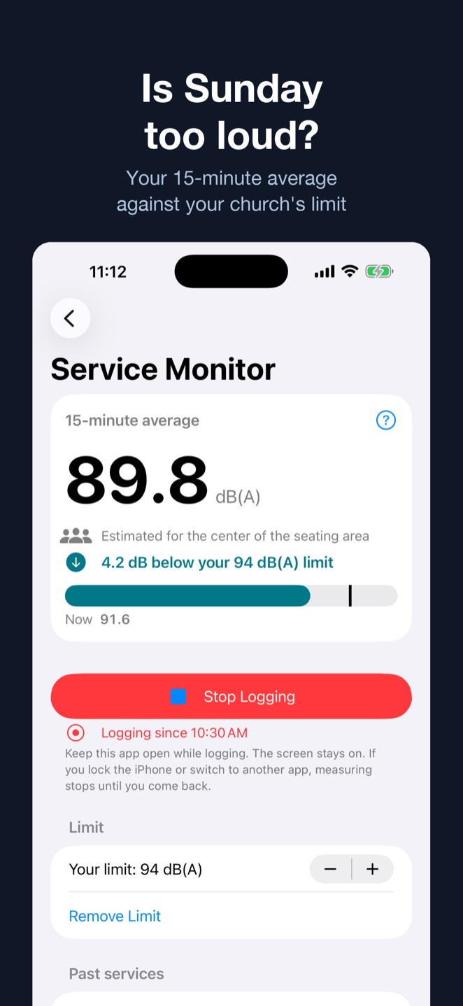 Service Monitor screen with the 15-minute average and the church's limit