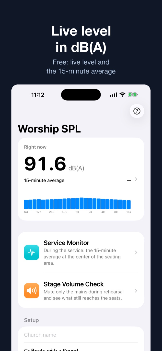 Home screen with the live level and the 15-minute average